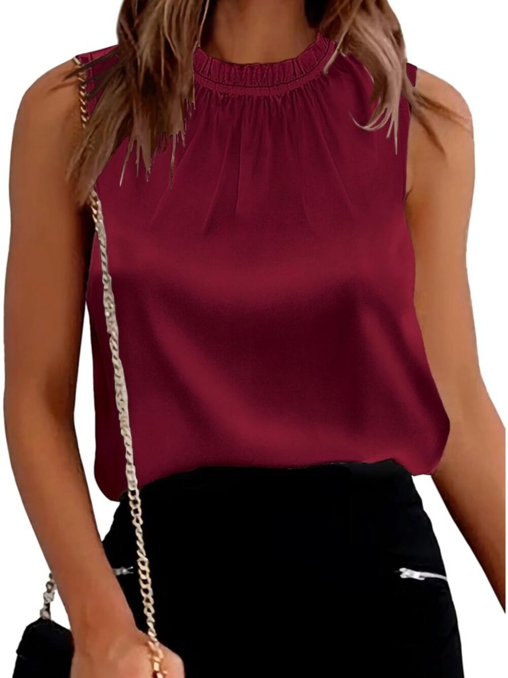 Women's Wine Red Sleeveless Ruffle Mock Neck Outfits Imported Blouses Tank Top
